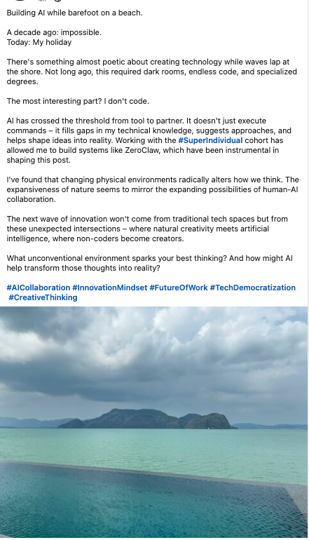 LinkedIn post draft generated by Weeny Jeanie, showing the refined output with hashtags and imagery