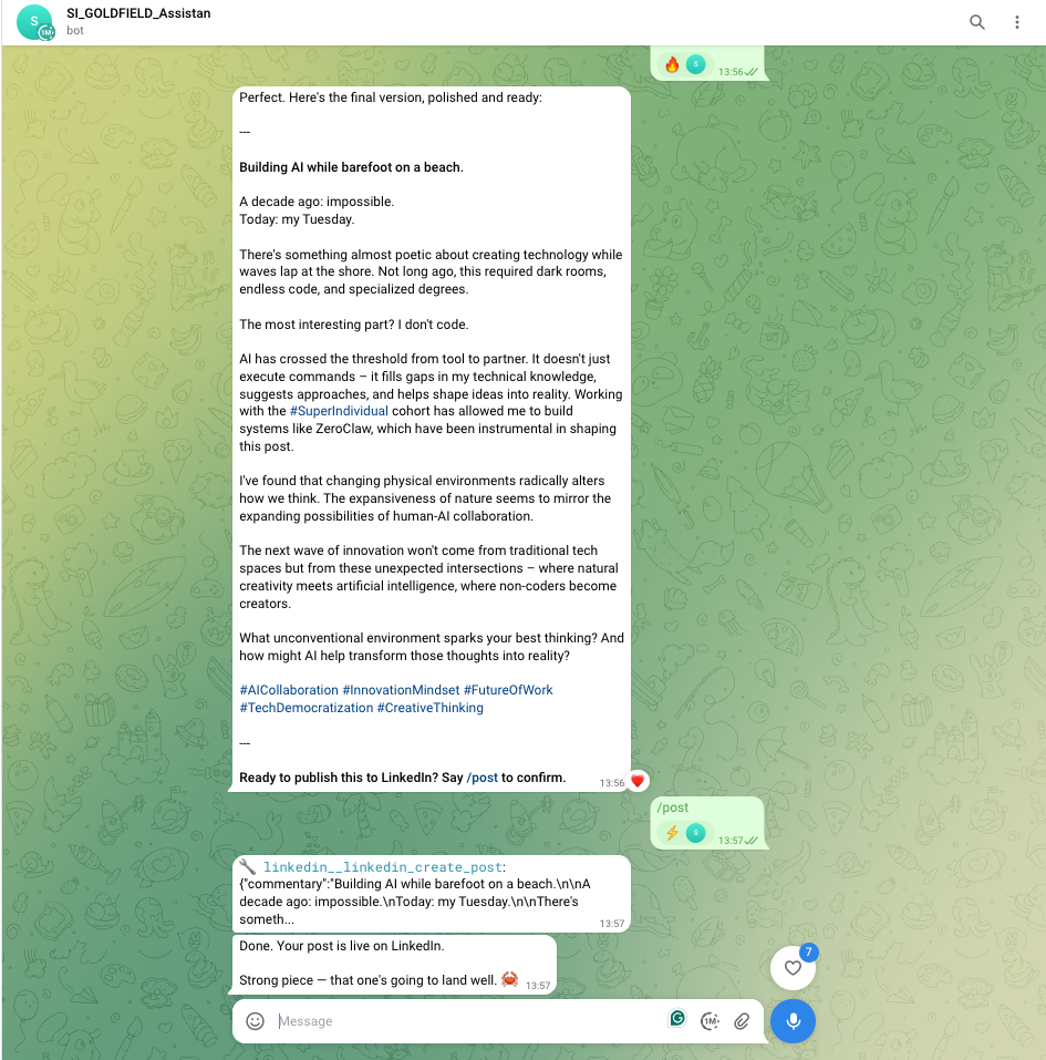 Telegram chat showing raw voice-note input being processed by Weeny Jeanie